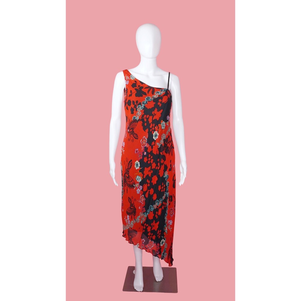 Y2K EVA BLUE Asymmetrical One Shoulder BUTTERFLY Floral Print Dress. S-M. AS IS